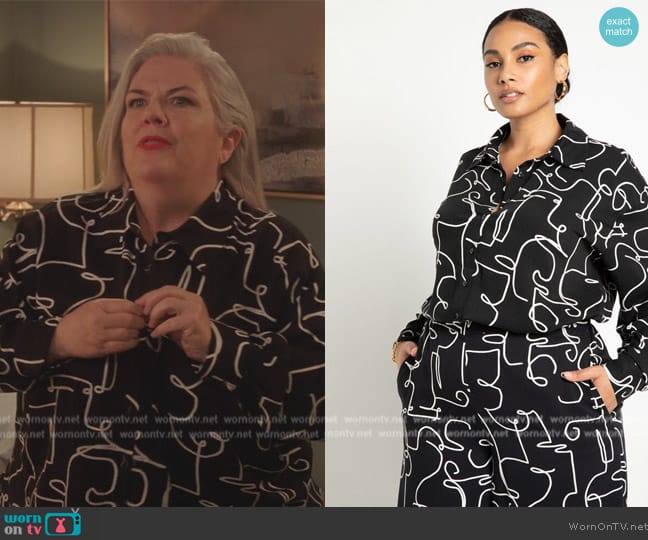 Eloquii Printed Button Down worn by Gloria McManus (Paula Pell) on Girls5eva