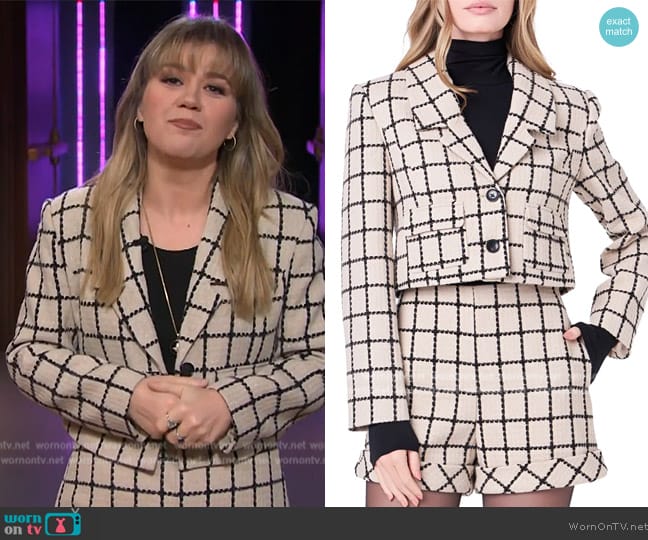 English Factory Windowpane Check Crop Tweed Jacket worn by Kelly Clarkson on The Kelly Clarkson Show