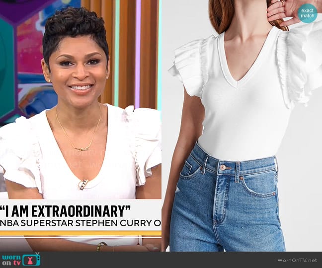 Express Ribbed V-Neck Ruffle Sleeve Bodysuit worn by Jericka Duncan on CBS Mornings
