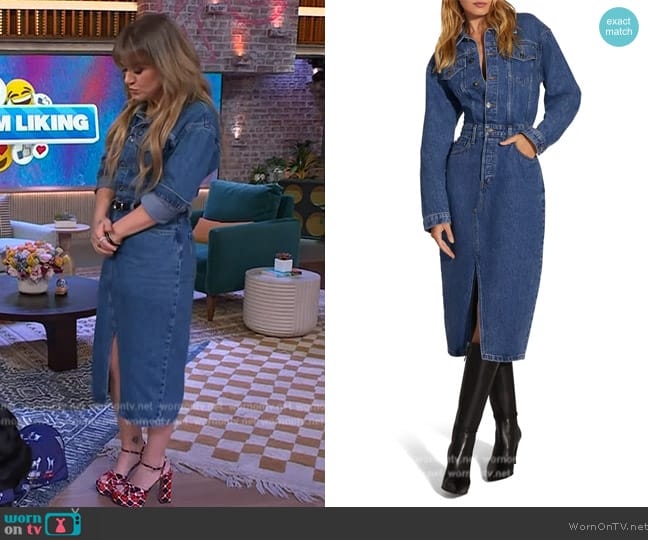 Favorite Daughter The City Long Sleeve Denim Midi Dress worn by Kelly Clarkson on The Kelly Clarkson Show