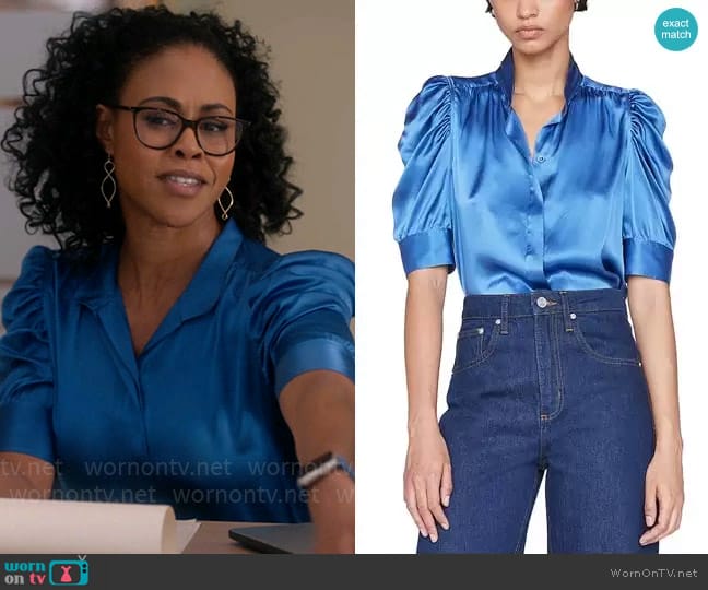 Frame Gillian Top in Slate Blue worn by Alex (Vinessa Antoine) on So Help Me Todd