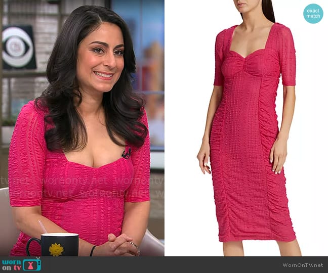 Ganni Ruched Stretch Lace Midi-Dress worn by Dr. Celine Gounder on CBS Mornings