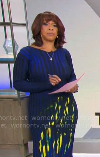 Gayle King’s blue and yellow abstract printed dress on CBS Mornings