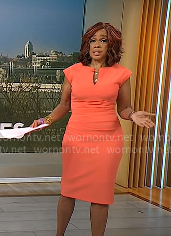 Gayle King’s coral split-neck dress on CBS Mornings