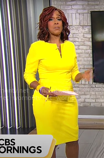 Gayle King’s yellow split-neck dress on CBS Mornings
