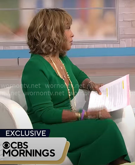 Gayle King’s green v-neck dress on CBS Mornings