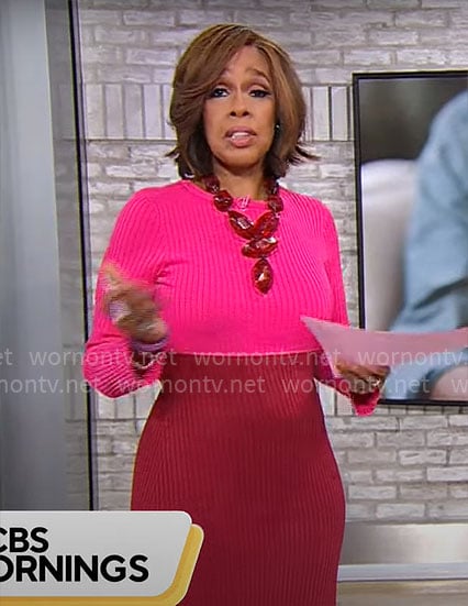 Gayle King’s pink and red sweater dress on CBS Mornings