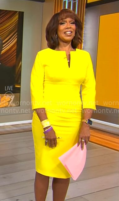 Gayle King’s yellow split-neck dress on CBS Mornings