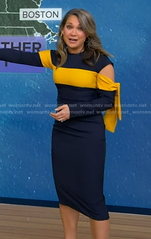 Ginger’s navy and yellow cutout sheath dress on Good Morning America