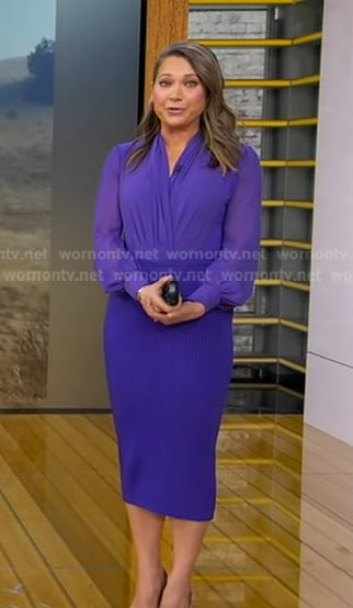 Ginger’s purple wrap blouse and pencil skirt on Good Morning America