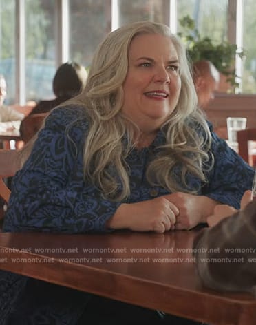 Gloria’s blue printed denim jacket on Girls5eva