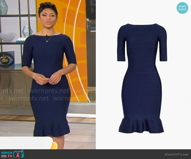 Herve Leger Fluted bandage dress worn by Jericka Duncan on CBS Mornings