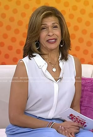 Hoda’s white pearl button sleeveless top on Today