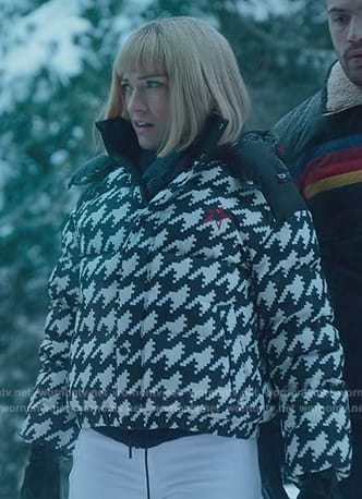 Imogine’s houndstooth print ski jacket on Death and Other Details