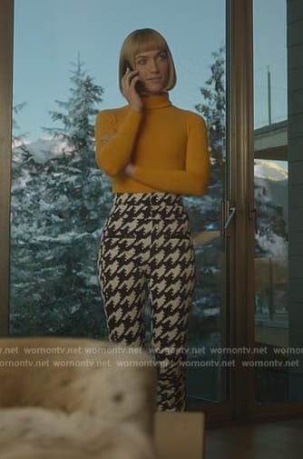 Imogene’s houndstooth print pants on Death and Other Details