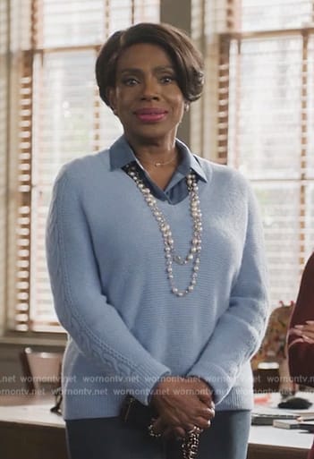 Barbara’s blue cable knit sweater on Abbott Elementary