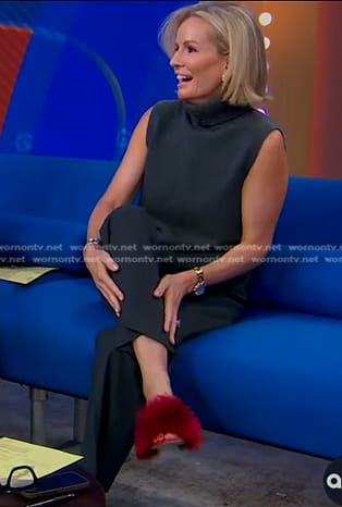 Jennifer’s green sleeveless sweater and red fur sandals on Good Morning America
