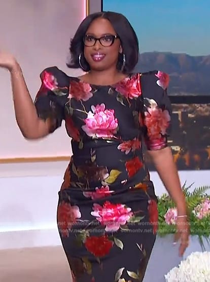 Jennifer’s black floral print satin dress on The Jennifer Hudson Show