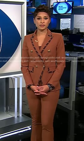 Jericka’s brown striped piping blazer and pants on CBS Evening News