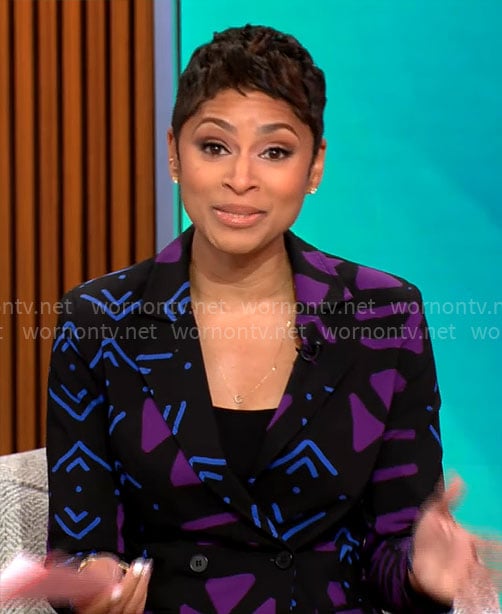 Jericka Duncan’s blue and purple printed blazer on CBS Mornings