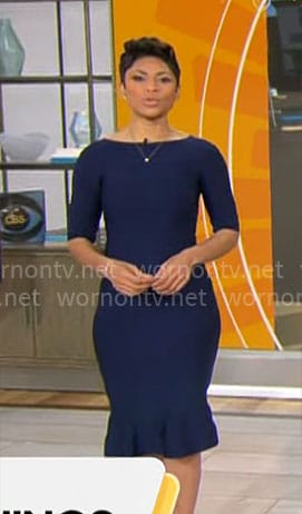 Jericka Duncan’s navy bandage dress with flared hem on CBS Mornings