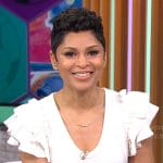 Jericka Duncan’s white ruffle sleeve top on CBS Mornings