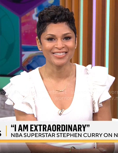 Jericka Duncan’s white ruffle sleeve top on CBS Mornings