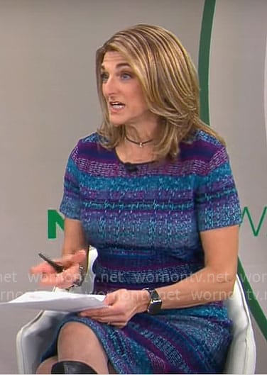 Jill Schlesinger’s blue and purple tweed dress on CBS Mornings