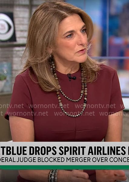 Jill Schlesinger’s dark red short sleeve sheath dress on CBS Mornings