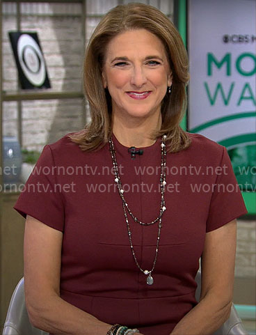 Jill Schlesinger’s dark red short sleeve sheath dress on CBS Mornings