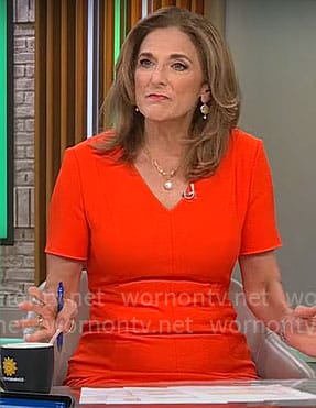 Jill Schlesinger’s red v-neck short sleeve dress on CBS Mornings