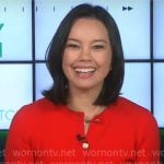 Jo Ling Kent’s red cardigan with gold buttons on CBS Evening News