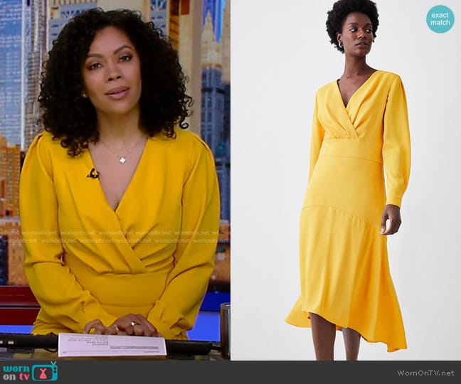 Karen Millen Soft Tailored Wrap Sleeved High Low Midi Dress in Ochre worn by Shirleen Allicot on Good Morning America