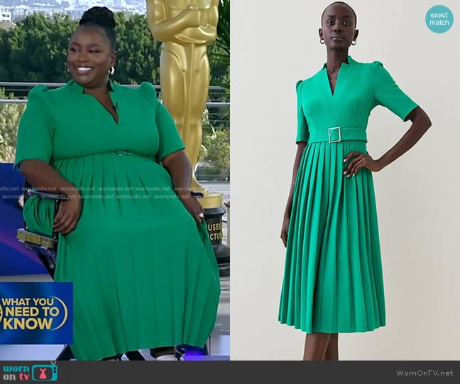 Karen Millen Tailored Structured Crepe Forever Pleat Belted Midi Dress worn by Kelley L. Carter on Good Morning America