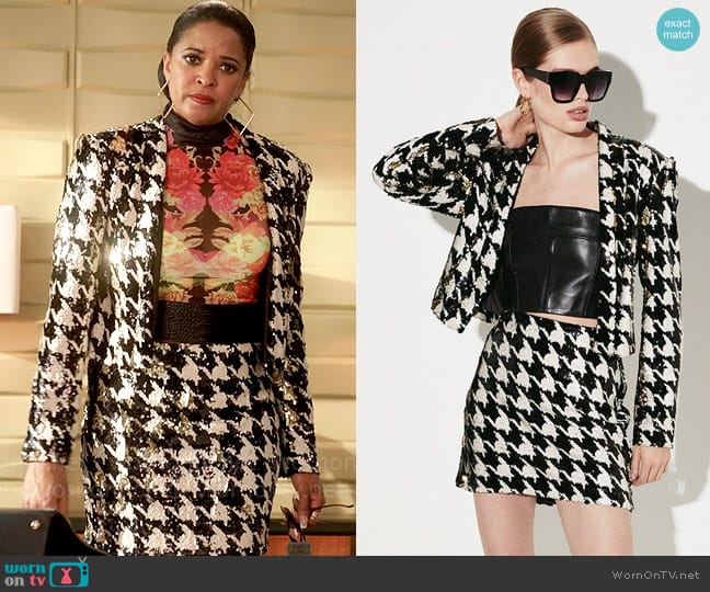 Karen Millen Houndstooth Sequin Tailored Jacket worn by Wickie Roy (Renée Elise Goldsberry) on Girls5eva