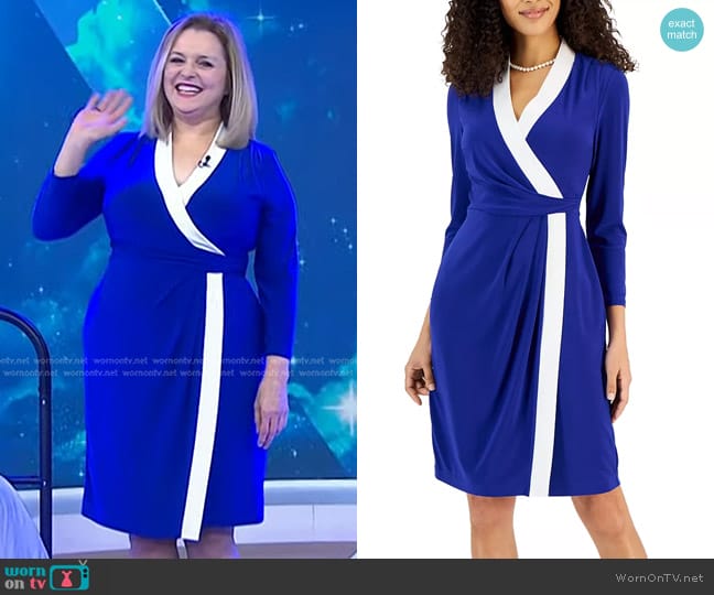 Kasper Colorblocked Faux-Wrap Sheath Dress in White/Royal Blue worn by Dr. Carol Ash on Today