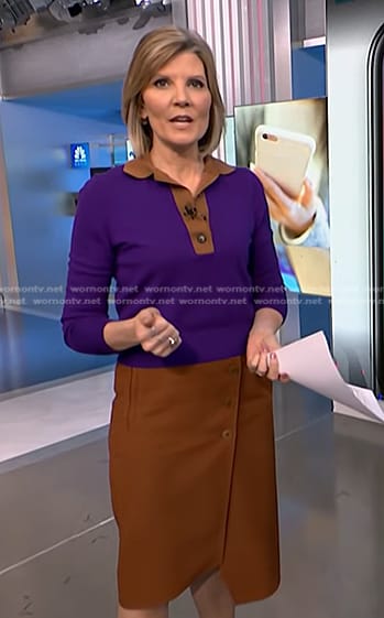 Kate’s purple contrast collar polo and brown skirt on NBC News Daily