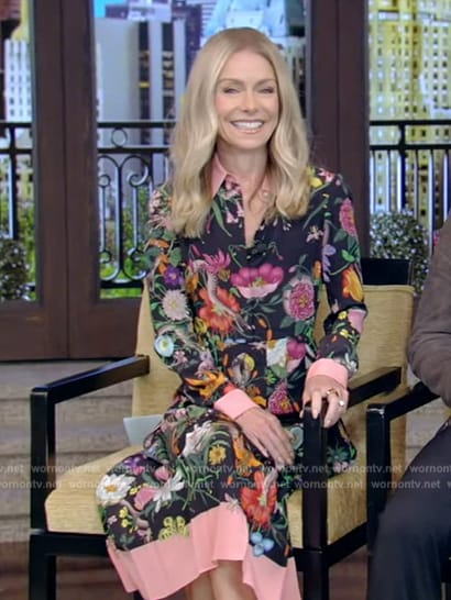 Kelly’s black floral midi dress on Live with Kelly and Ryan