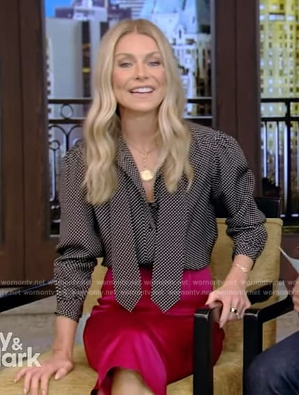 Kelly’s black polka dot print blouse on Live with Kelly and Mark