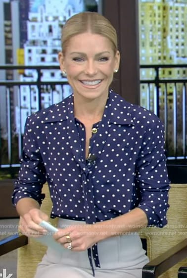 Kelly’s blue polka dot print blouse and skirt on Live with Kelly and Mark