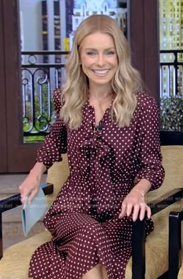 Kelly’s burgundy polka dot tie neck dress on Live with Kelly and Mark