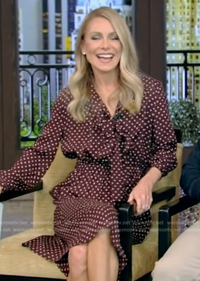 Kelly’s burgundy polka dot tie neck dress on Live with Kelly and Mark