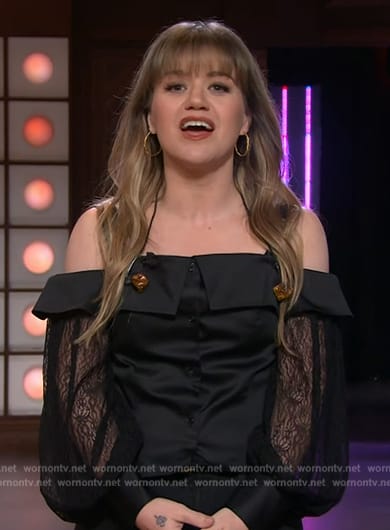 Kelly’s black cold shoulder lace top on The Kelly Clarkson Show