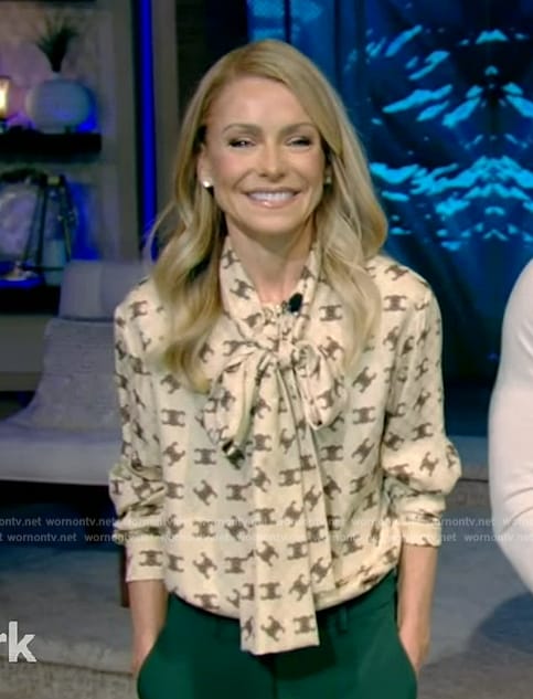 Kelly’s printed tie neck blouse on Live with Kelly and Mark
