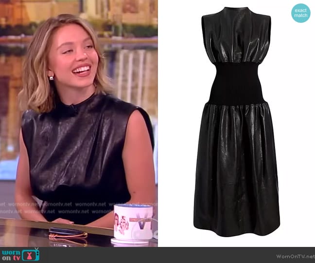 Khaite Uni Ribbed Waist Leather Dress worn by Sydney Sweeney on The View