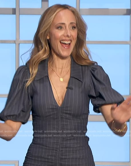 Kim Raver’s pinstripe ruched dress on The Talk