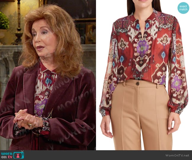 Kobi Halperin Charlie Batik Print Pintuck Blouse in Beet Multi worn by Maggie Horton (Suzanne Rogers) on Days of our Lives