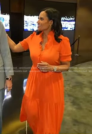 Kristen’s orange ruffle trim midi dress on Today