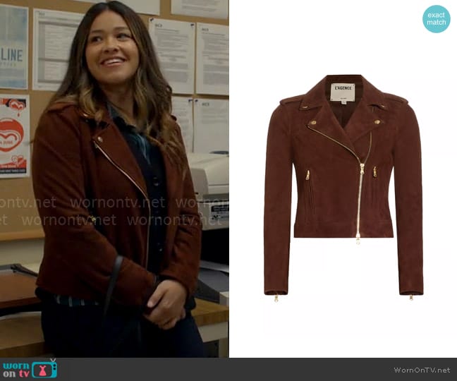 L'Agence Asymmetrical Full-Zip Suede Jacket worn by Nell Serrano (Gina Rodriguez) on Not Dead Yet