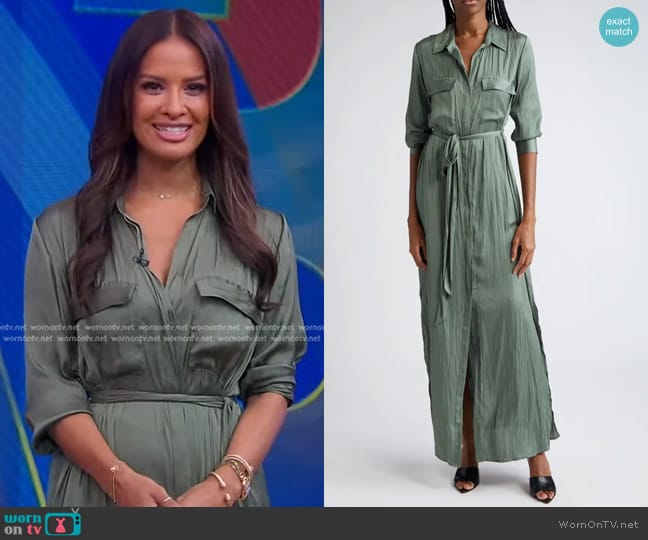 L'Agence Cameron Belted Satin Shirtdress in Clover worn by Rocsi Diaz on Good Morning America